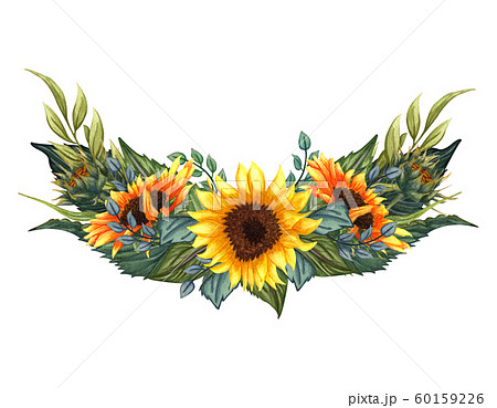 Watercolor floral wreath with sunflowers,leaves, foliage, branches, fern leaves and place for your text. Perfect for wedding, invitations, greeting cards, print. Round autumn’s sunflowers frame. 60159226