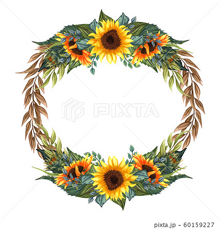 Watercolor floral wreath with sunflowers,leaves, foliage, branches, fern leaves and place for your text. Perfect for wedding, invitations, greeting cards, print. Round autumn’s sunflowers frame. Watercolor floral wreath with sunflowers,leaves, foliage, branches, fern leaves and place for your text. Perfect for wedding, invitations, greeting cards, print. Round autumn’s sunflowers frame. 60159227