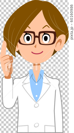 A woman wearing a lab coat with her index finger raised A woman wearing a lab coat with her index finger raised 60160986