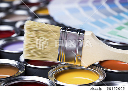 Metal tin cans with color paint and paintbrush Metal tin cans with color paint and paintbrush 60162006
