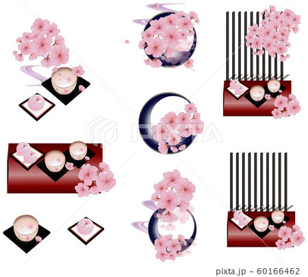 さくらの花や桜茶と桜の和菓子のイラストセットのイラスト素材