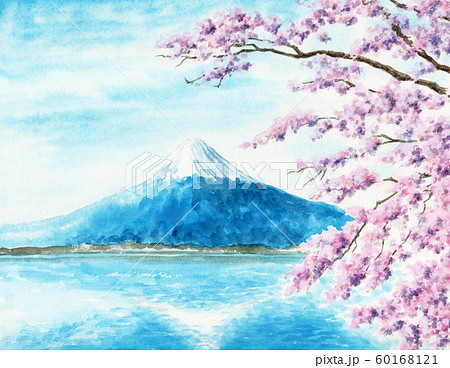 水彩で描いた富士山と桜の風景画のイラスト素材