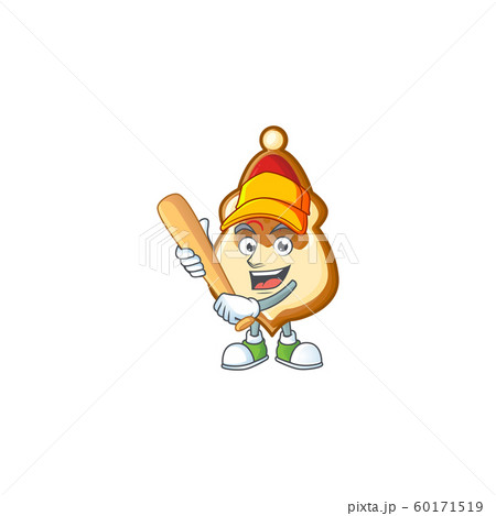 Funny smiling christmas hat cookies cartoon mascot playing baseball Funny smiling christmas hat cookies cartoon mascot playing baseball 60171519
