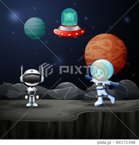 Astronaut girl and robot in the space 60172396
