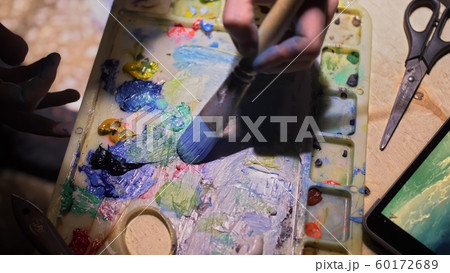 Artist copyist paint seascape with ship in ocean. Craftsman decorator draw as boat sail on blue sea with acrylic oil color. Draw finger brush palette. Artist copyist paint seascape with ship in ocean. Craftsman decorator draw as boat sail on blue sea with acrylic oil color. Draw finger brush palette. 60172689