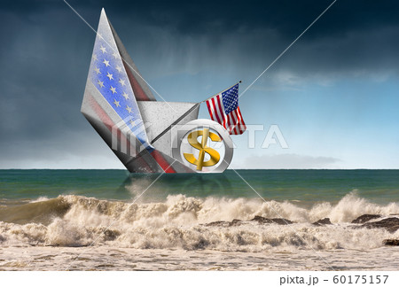 US Dollar symbol sinking aboard of a paper boat - Recession concept  60175157