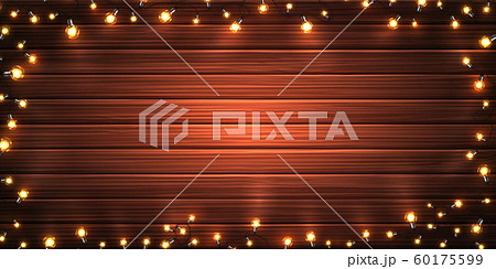 Christmas lights. Xmas glowing garlands of LED light bulbs on wooden texture background. Holiday decorations of realistic colorful lamps for new year greeting card or poster. 60175599