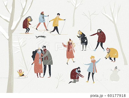 Cartoon happy people enjoying in the winter snowing forest. Vacation time Cartoon happy people enjoying in the winter snowing forest. Vacation time 60177918