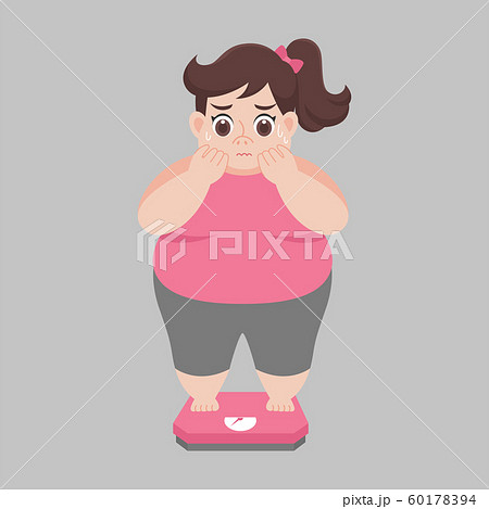 Big Fat woman worry standing on electronic scales 60178394