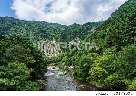 栃木県那須塩原市　塩原温泉　天狗岩　箒川　（8月） 60178909