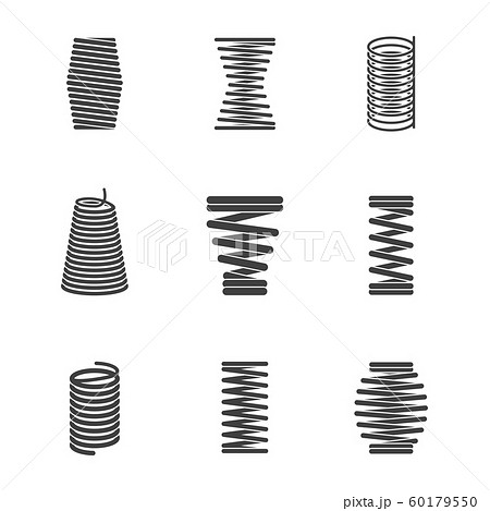 Flexible steel spiral. Metal bended wire coils shape elastic and compacted forms vector icon silhouettes isolated 60179550