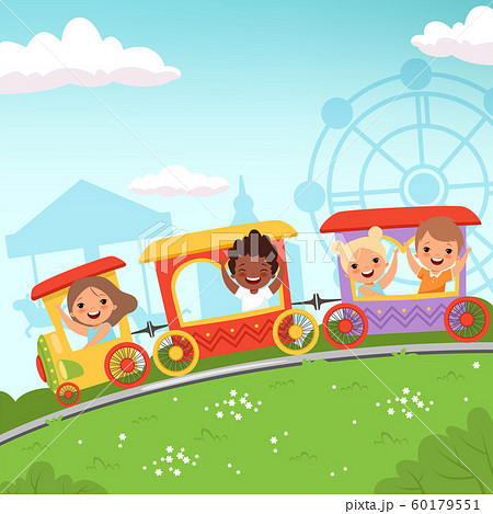 Roller coaster kids. Attraction children riding in amusement park vector cartoon action background 60179551