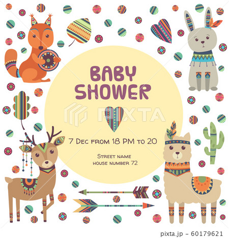 Baby shower label. Ethnic cute little animals fox squirrel deer and llama with tribal pattern and feathers vector poster template 60179621