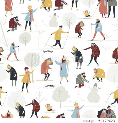 Seamless vector pattern with people enjoying in the winter snowing forest on white background 60179623