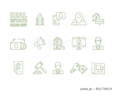 House for sale icons. Realtor rent or selling buildings realty symbols new homeowner vector linear thin pictures 60179624