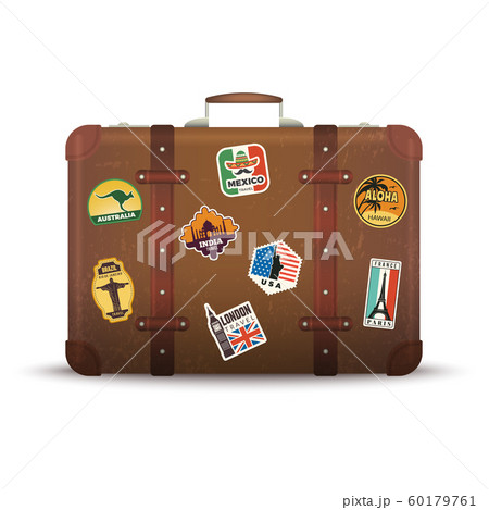 Suitcase stickers. Old retro luggage with travel badges vintage antique package vector picture Suitcase stickers. Old retro luggage with travel badges vintage antique package vector picture 60179761