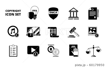 Policy copyright icon. Terms and conditions legal patent compliance standards individual rights protection vector black symbols 60179950
