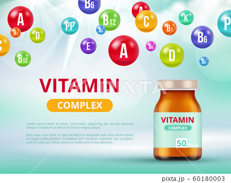 Vitamins poster. Medical bottles with multivitamins mineral colored pills vector healthcare medical concept advertizing placard 60180003