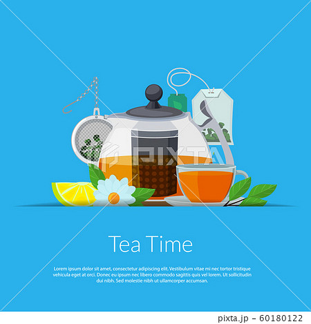 Vector cartoon tea kettle and cup in paper pocket illustration 60180122