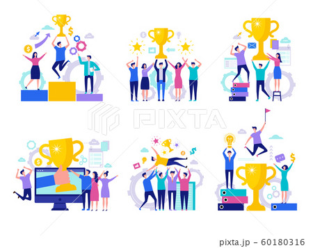Business victory concept. Successful happy finance managers director winning rewards team with cups vector characters 60180316