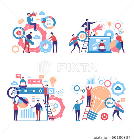 Promotion characters. Business people advertise announcing campaigns through pas vector concept pictures 60180384