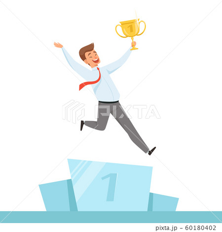 Businessman with trophy. Manager happy with golden trophy cup in hands for business winner vector character isolated 60180402