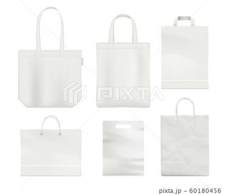 Paper bag mockup. Handle blank shopping bag empty realistic white vector template 60180456