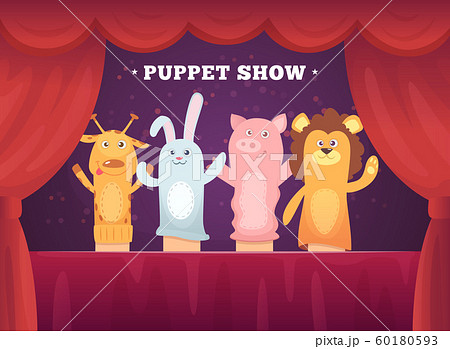 Puppet show. Red curtains theatre performance for kids stage with socks toys for hands cartoon background Puppet show. Red curtains theatre performance for kids stage with socks toys for hands cartoon background 60180593