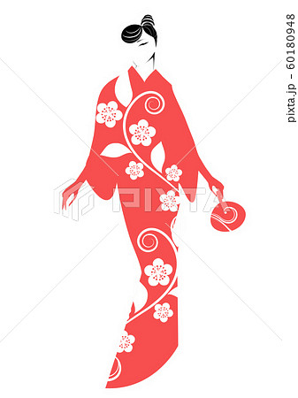 着物を着た女性のシルエット 梅の花 和服のイラスト素材