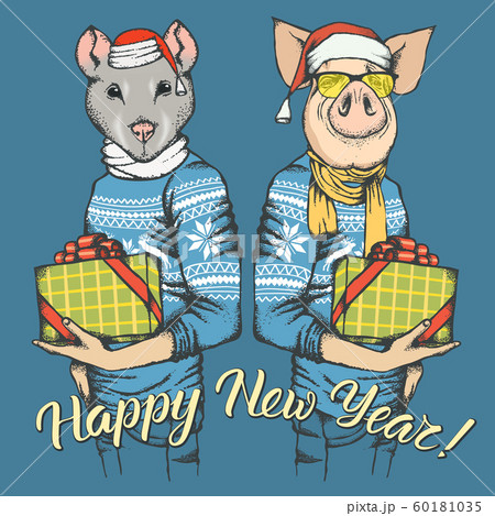 Illustration of Pig and Rat on New Year Illustration of Pig and Rat on New Year 60181035