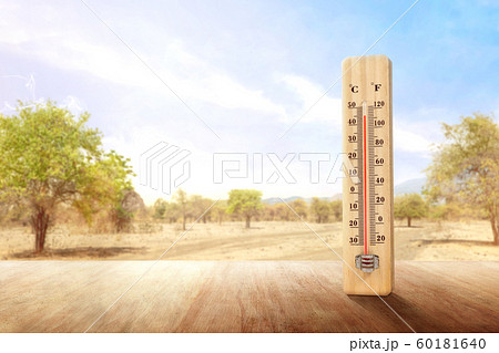 The thermometer on a wooden table measuring the temperature outdoor  60181640