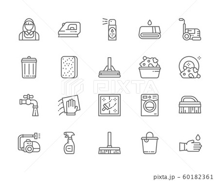 Set of Cleaning Line Icons. Housewife, Iron, Towel, Sponge, Bucket and more. Set of Cleaning Line Icons. Housewife, Iron, Towel, Sponge, Bucket and more. 60182361
