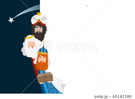 Christmas greeting card, invitation. Three magi bringing gifts. Biblical kings Caspar, Melchior, Balthazar and comet. Falling star. Vector illustration background. Blank paper bannner, copy space. 60182580