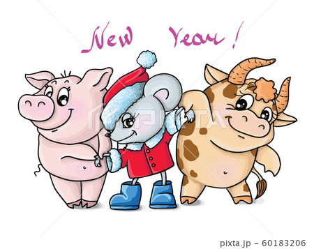 illustration new year, mous, gray, cute, bull, boar, horoscope, celebration vector 60183206