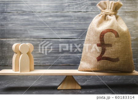 Pound sterling GBP symbol on money bag and people on scales. concept attracting investment, business cooperation, crowdfunding and startup. Staff salary specialist services cost. Solvency, taxpayers Pound sterling GBP symbol on money bag and people on scales. concept attracting investment, business cooperation, crowdfunding and startup. Staff salary specialist services cost. Solvency, taxpayers 60183314