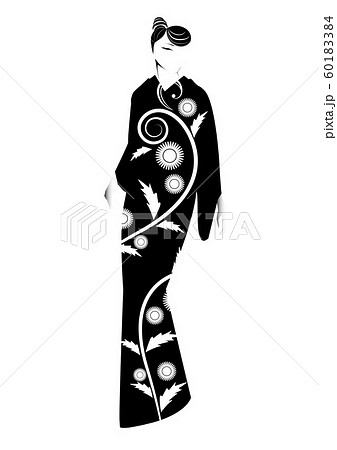 着物を着た女性のシルエット 菊の花 和服のイラスト素材