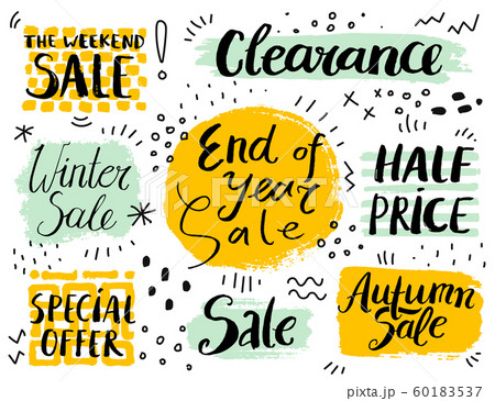 Vector set of hand drawn doodle sale banners, badges, tags, illustrations. Typography Background. Handmade calligraphy. 60183537