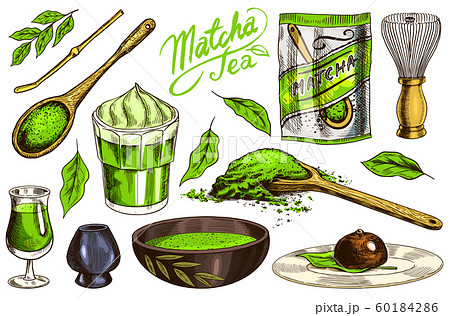 Matcha green tea set. Organic powder, bamboo whisk chasen, bowl chawan, spoon chashaku for Japanese Matcha green tea set. Organic powder, bamboo whisk chasen, bowl chawan, spoon chashaku for Japanese 60184286