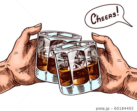 Cheers toast poster. A glass of whiskey in the hands. Vintage American badge. Strong drink Cheers toast poster. A glass of whiskey in the hands. Vintage American badge. Strong drink 60184405