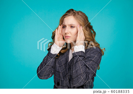 Health And Pain. Stressed Exhausted Young Woman Having Strong Tension Headache. Closeup Portrait Of Beautiful Sick Girl Suffering From Head Migraine, Feeling Pressure And Stress. 60188335