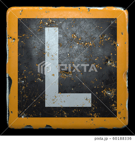 Public road sign orange and black color with a capital letter L in the center isolated on black background. 3d 60188336
