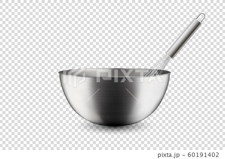 Vector 3d Realistic Steel, Chrome, Silver Metal Hemisphere Circle Bowl and Whisk Closeup Isolated on Transparent Background. Utensils for Kitchens. Design Template, Health Food and Drink Concept 60191402