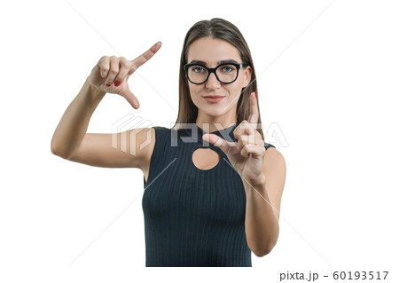 Modern businesswoman with glasses touching virtual screen, using digital technology in the workplace. Business, finance, economics and technology, isolated on white background. Modern businesswoman with glasses touching virtual screen, using digital technology in the workplace. Business, finance, economics and technology, isolated on white background. 60193517