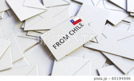 Letter with From Chile text on pile of other Letters. International mail related conceptual 3D rendering 60194996