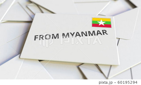 Letter with From Myanmar text on pile of other Letters. International mail related conceptual 3D rendering 60195294