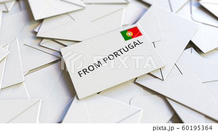 Envelope with From Portugal stamp among other envelopes. International mail related conceptual 3D rendering 60195364