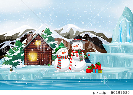 Scene with snowman and present in winter time 60195686