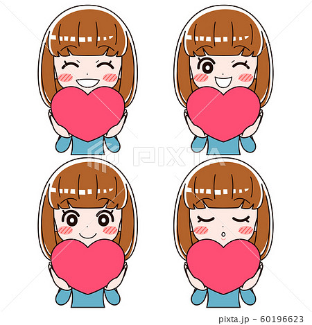 ハートの形を持って幸せそうに笑う女の子の4つの表情のセット 60196623