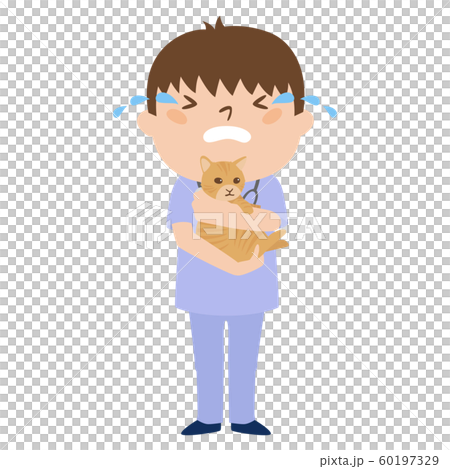職種のイラスト。男性の獣医。涙を流して、泣いている男性。 60197329