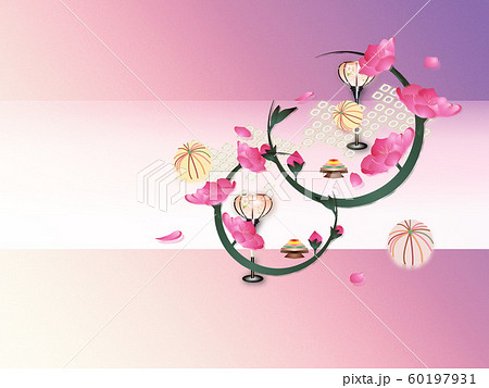 桃の花とひな祭りの小物をモチーフにしたイラストのイラスト素材